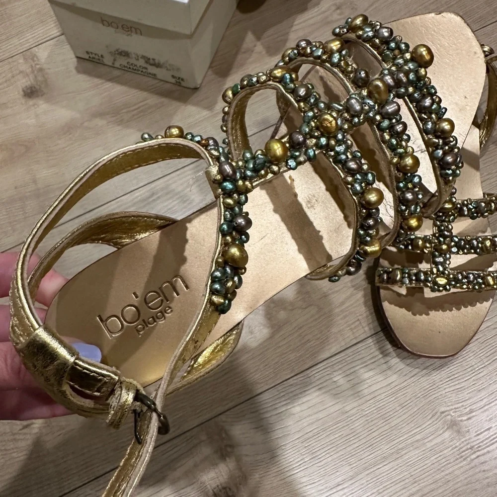 BO'EM Plage Italy Gold Hand Beaded Multi-Colored Faux-Pearl Sandals size‎ 38